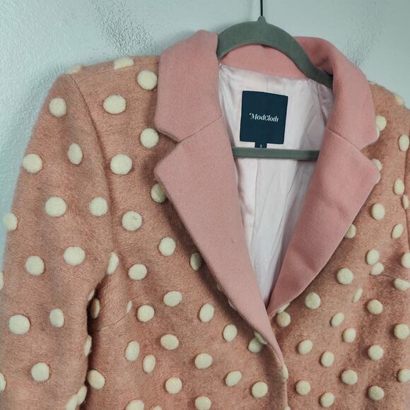 Modcloth 3D Polka Dot Coat Womens Small‎ Pink White Wool Blend Retro Peacoat - Picture 2 of 8